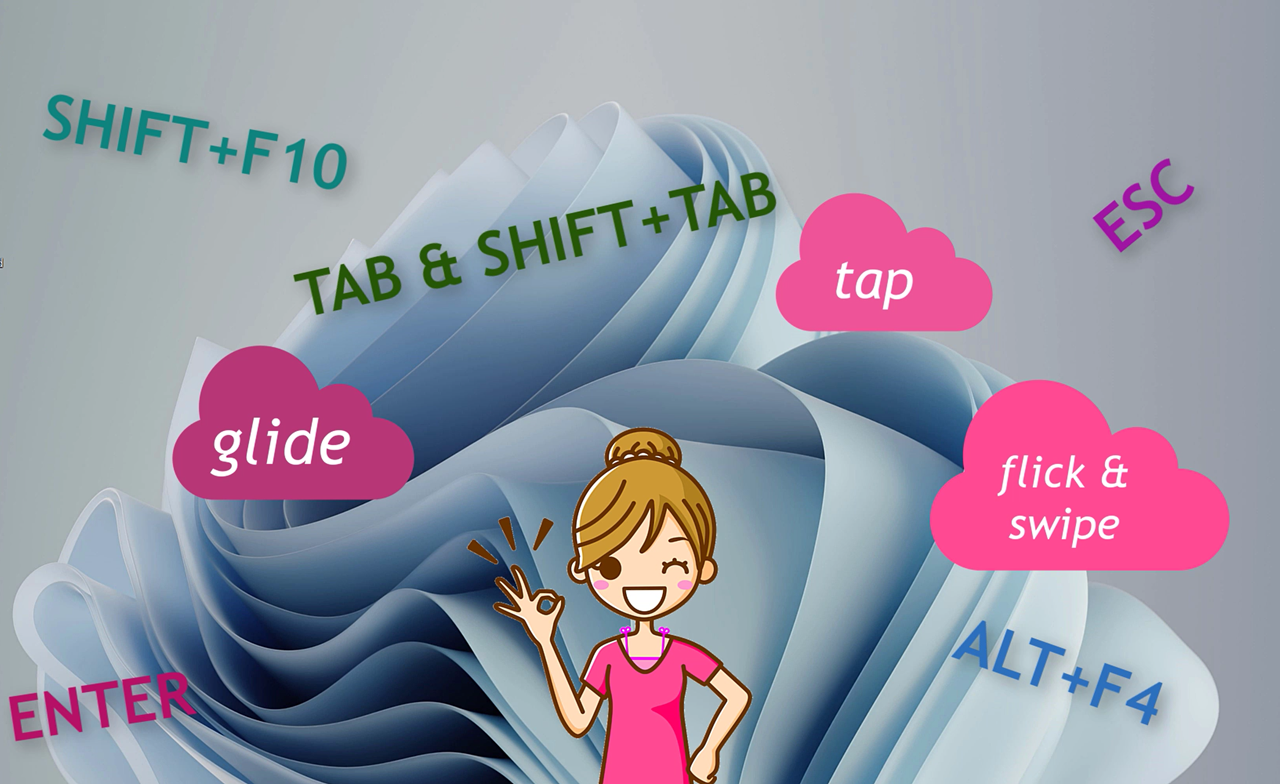 Getting by with gestures. A woman cartoon character has words for gestures and keyboard commands hovering in the air around her. She is smiling and signaling the OK hand gesture.