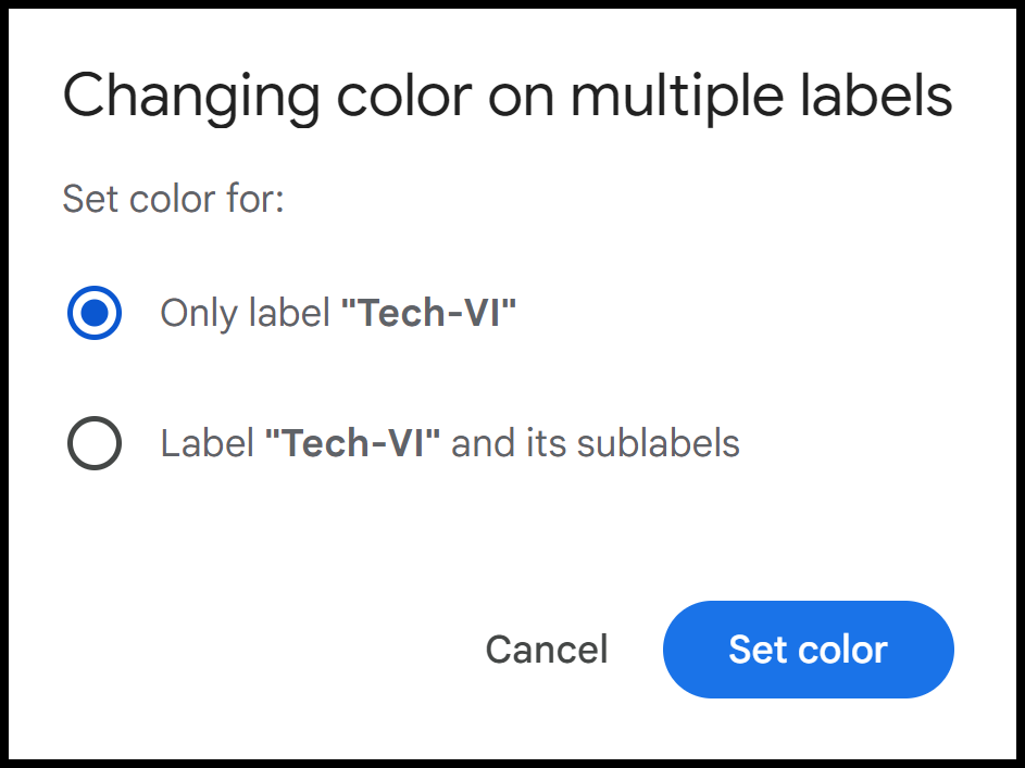 Changing color on multiple labels. A dialog box opens that gives you a choice to apply the color to only the primary label or to the sublabel as well.