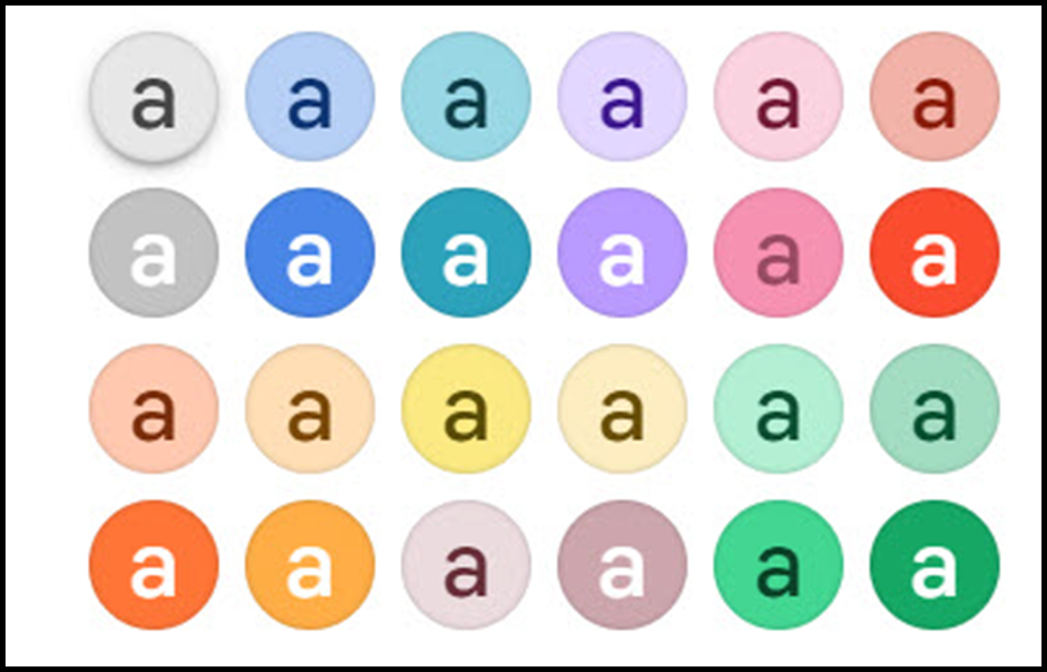 The color palette choices for Gmail labels. There are four rows of six color circles, 24 total. Each color circle contains a lower case letter 'a' to show how text will look visually with that background.