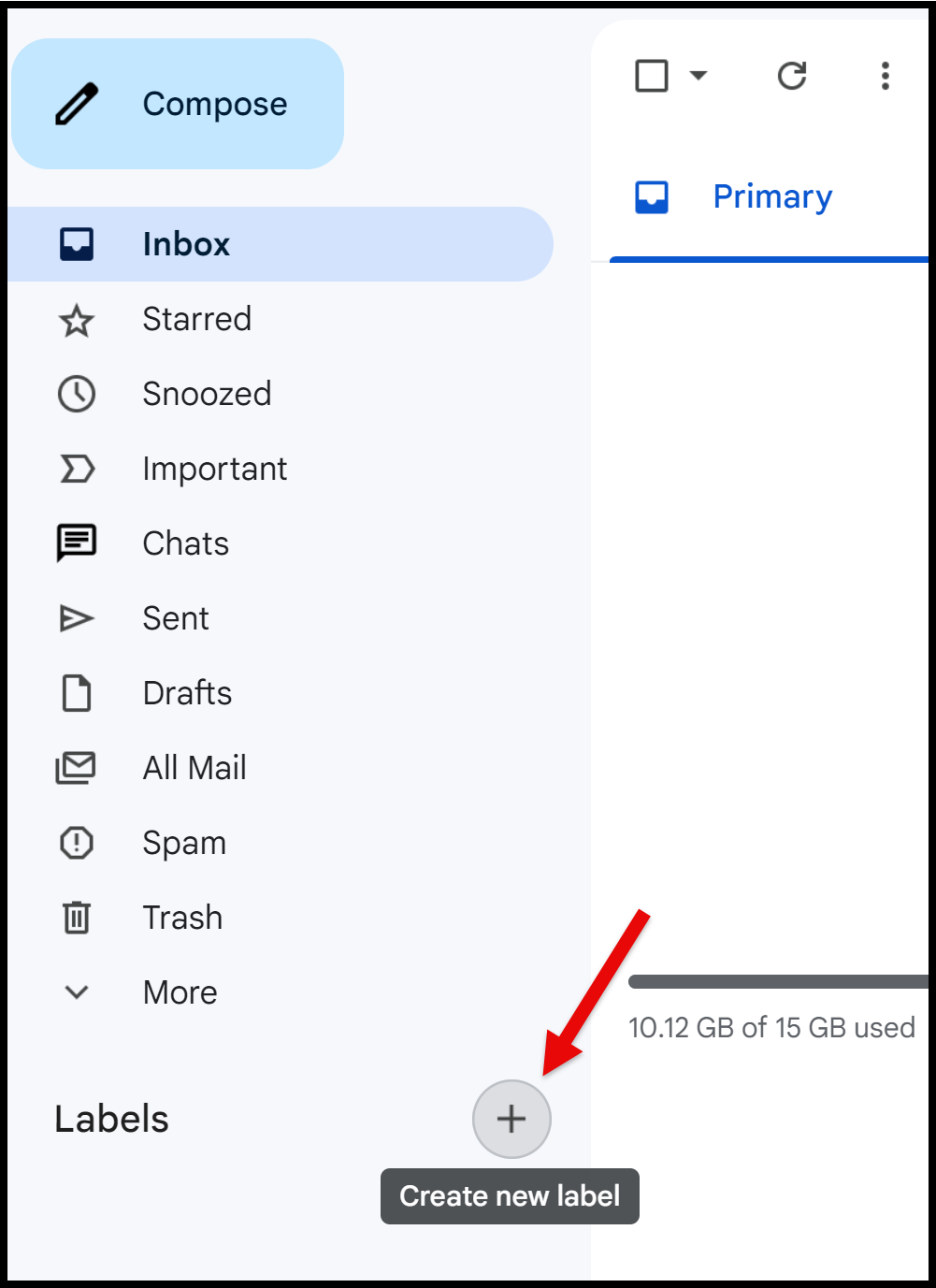 The 'Create new label' button in the left hand navigation pane is located just below the primary labels (e.g., Inbox, Starred, etc.).