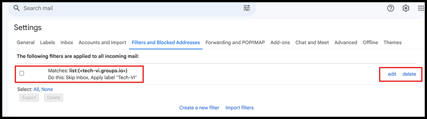 The 'Filters and Blocked Addresses' tab page of Gmail settings showing the filter created in this lesson with a selection check box as well as edit and delete links.