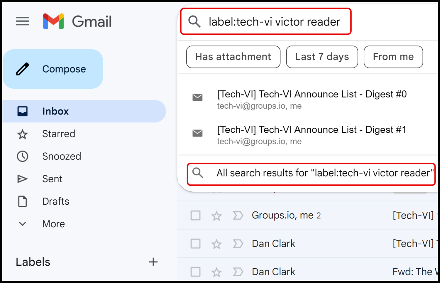 Search results for the label 'Tech-vi' and the phrase 'victor reader' appear in a list below the Search edit box. The Search phrase reads: label:tech-vi victor reader