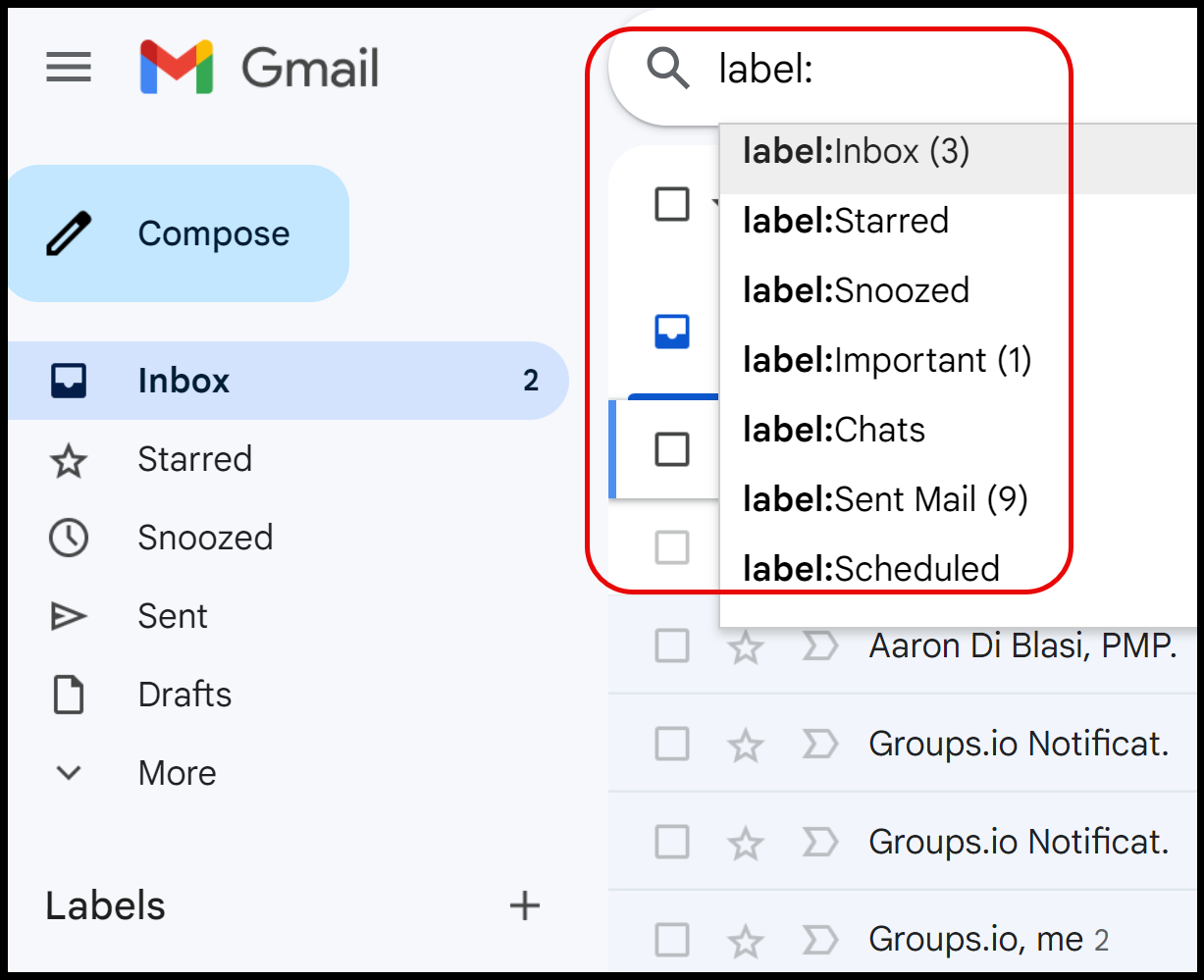 The 'Go to label' list open from the Search edit box showing system labels such as Inbox, Starred, Snoozed, etc.