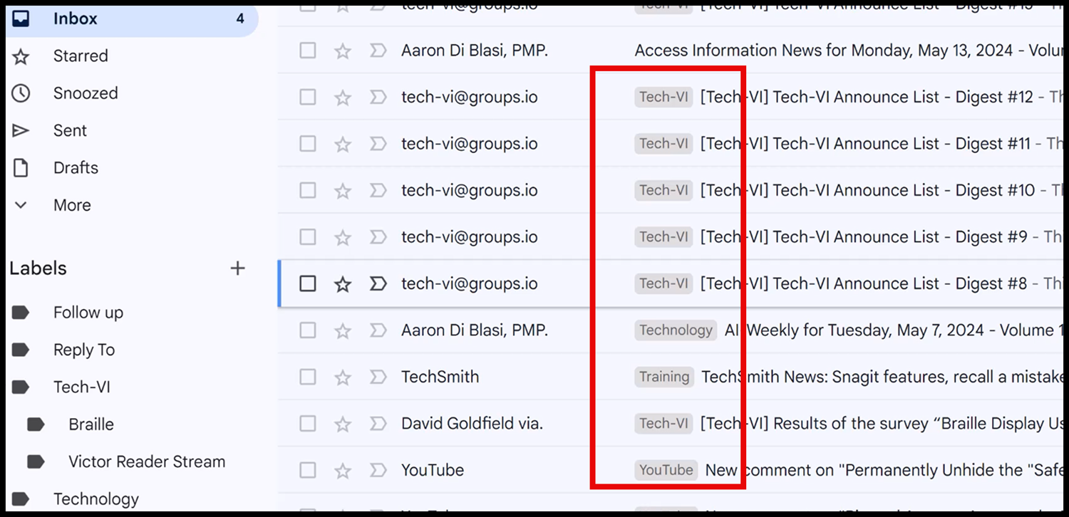 Labels are shown on messages in the Gmail inbox. They appear after the sender’s information and at the beginning of the subject line for each conversation listed.