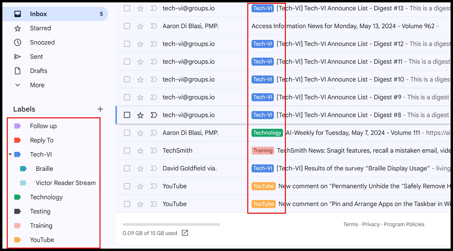 Labels in Gmail showing vibrant colors.