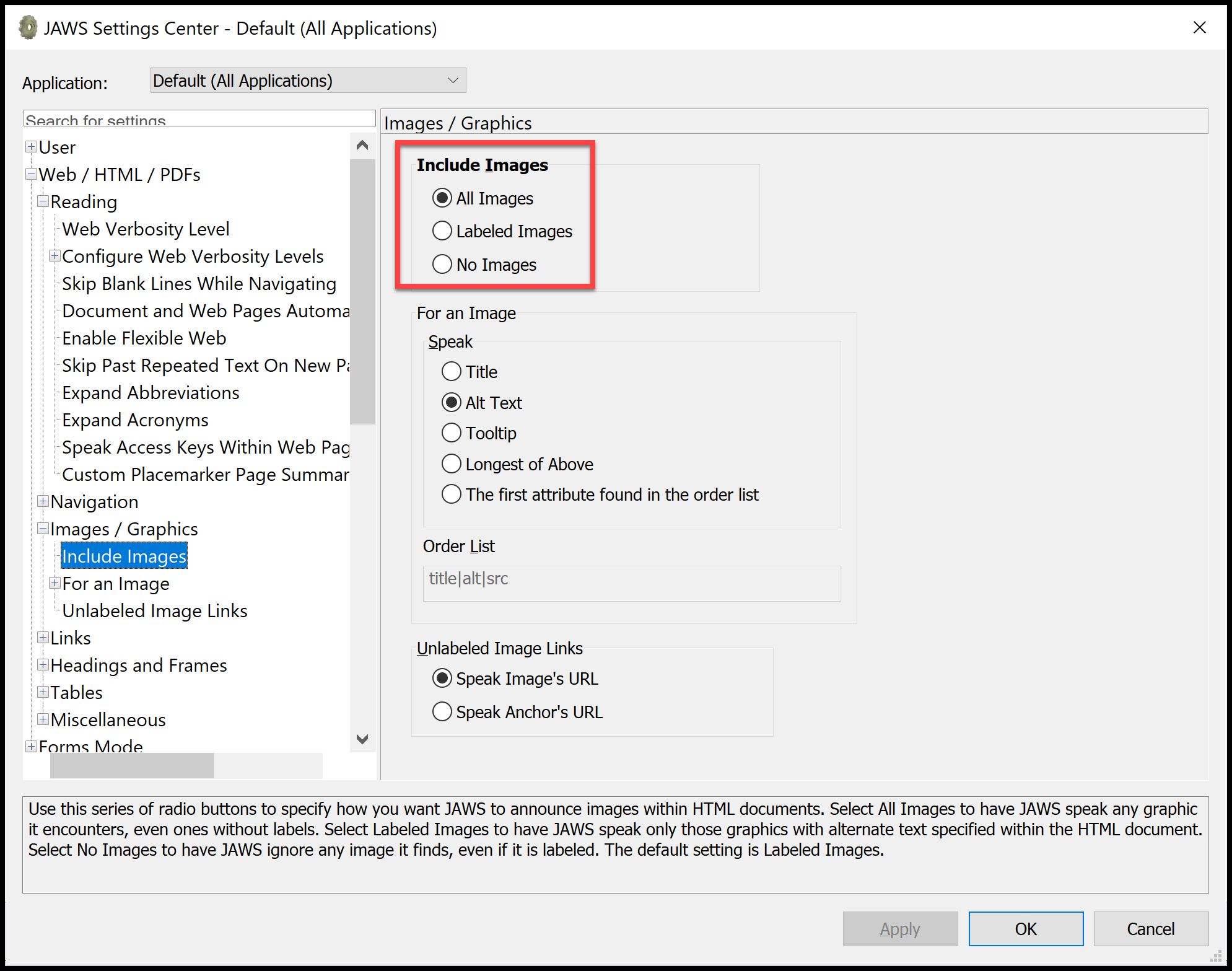 JAWS Settings Center showing include all images.