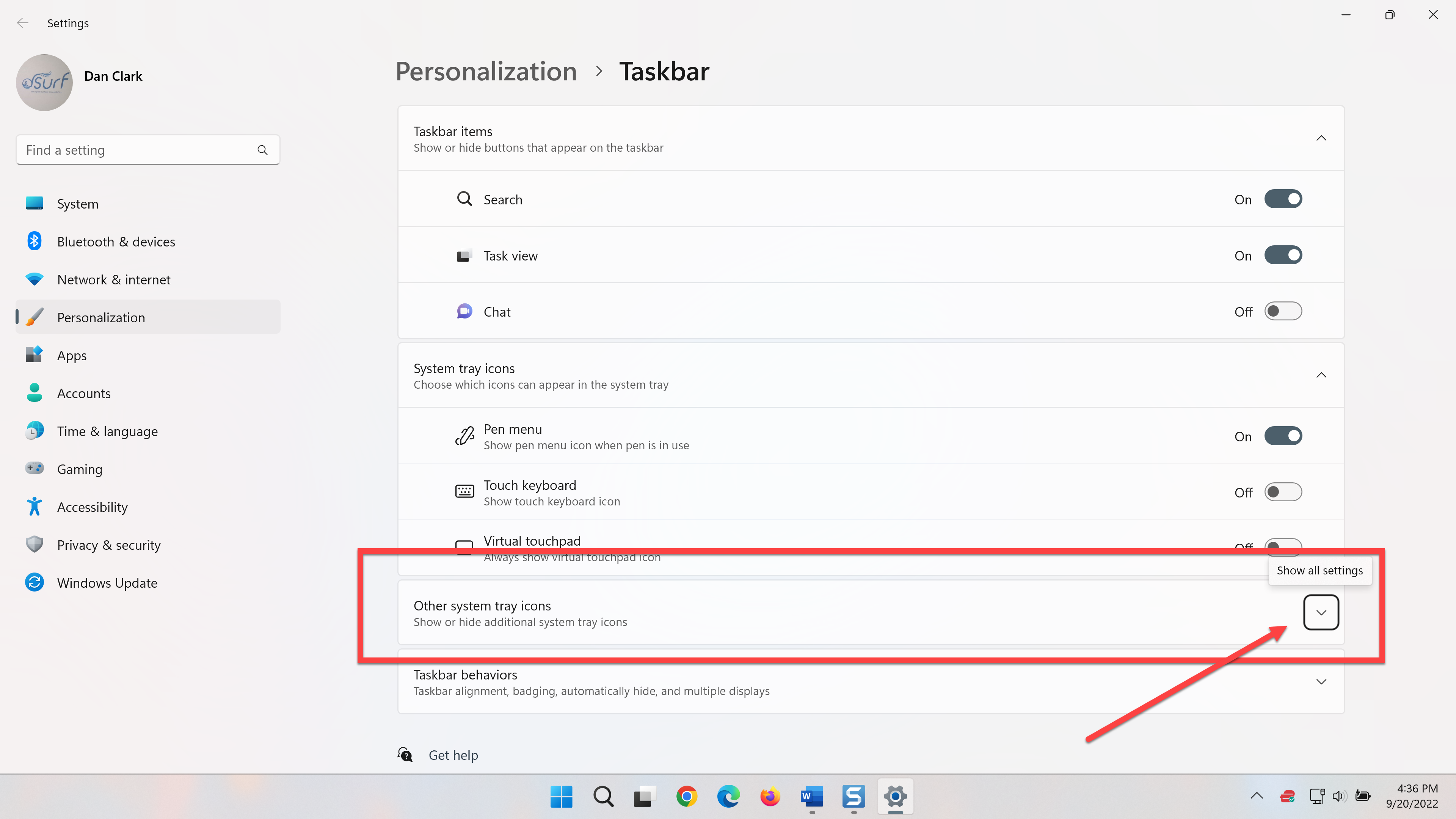 Personalization - Taskbar settings, showing the Show all settings button collapsed.