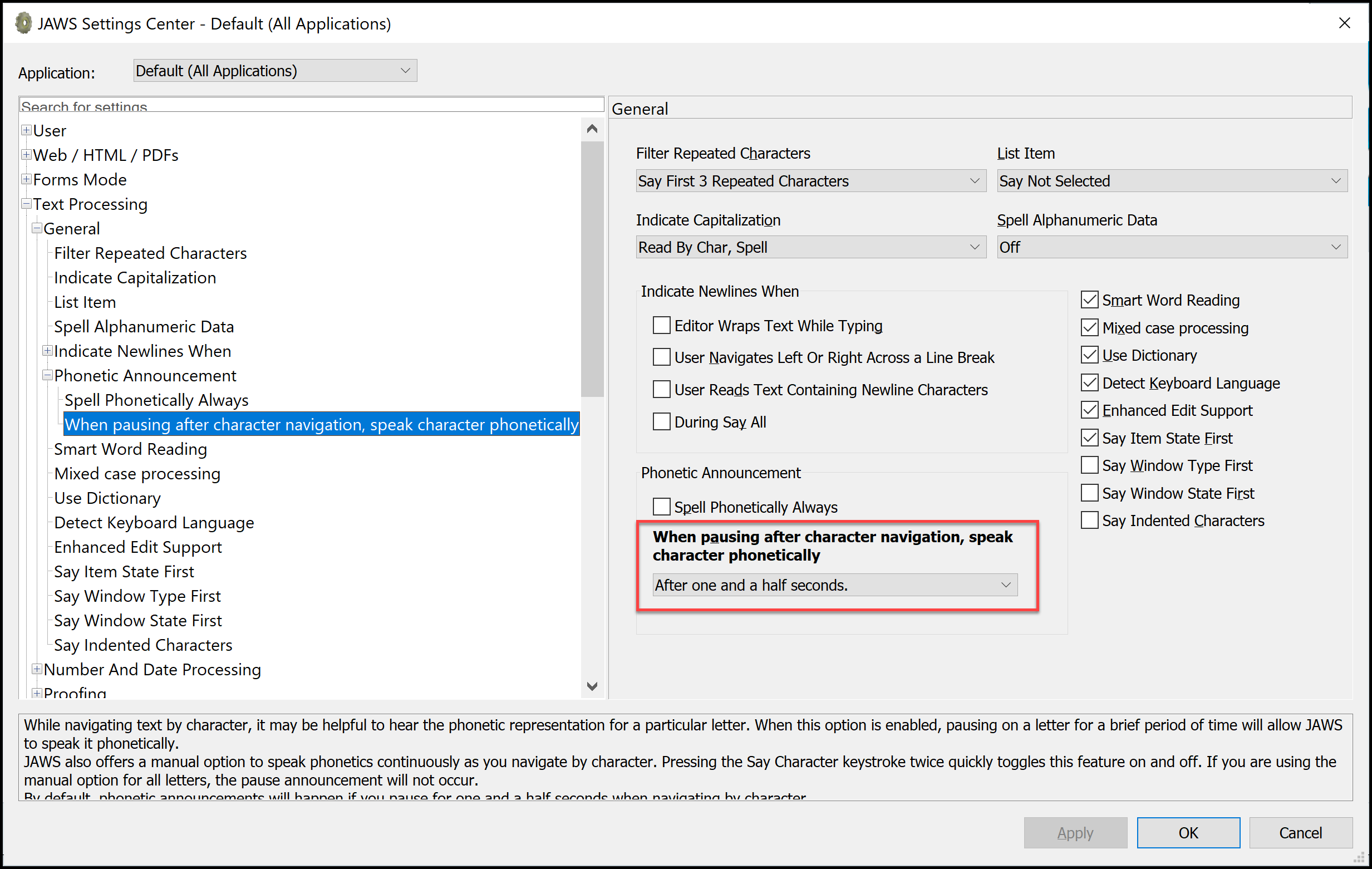 JAWS Settings Center showing Speak Character Phonetically.