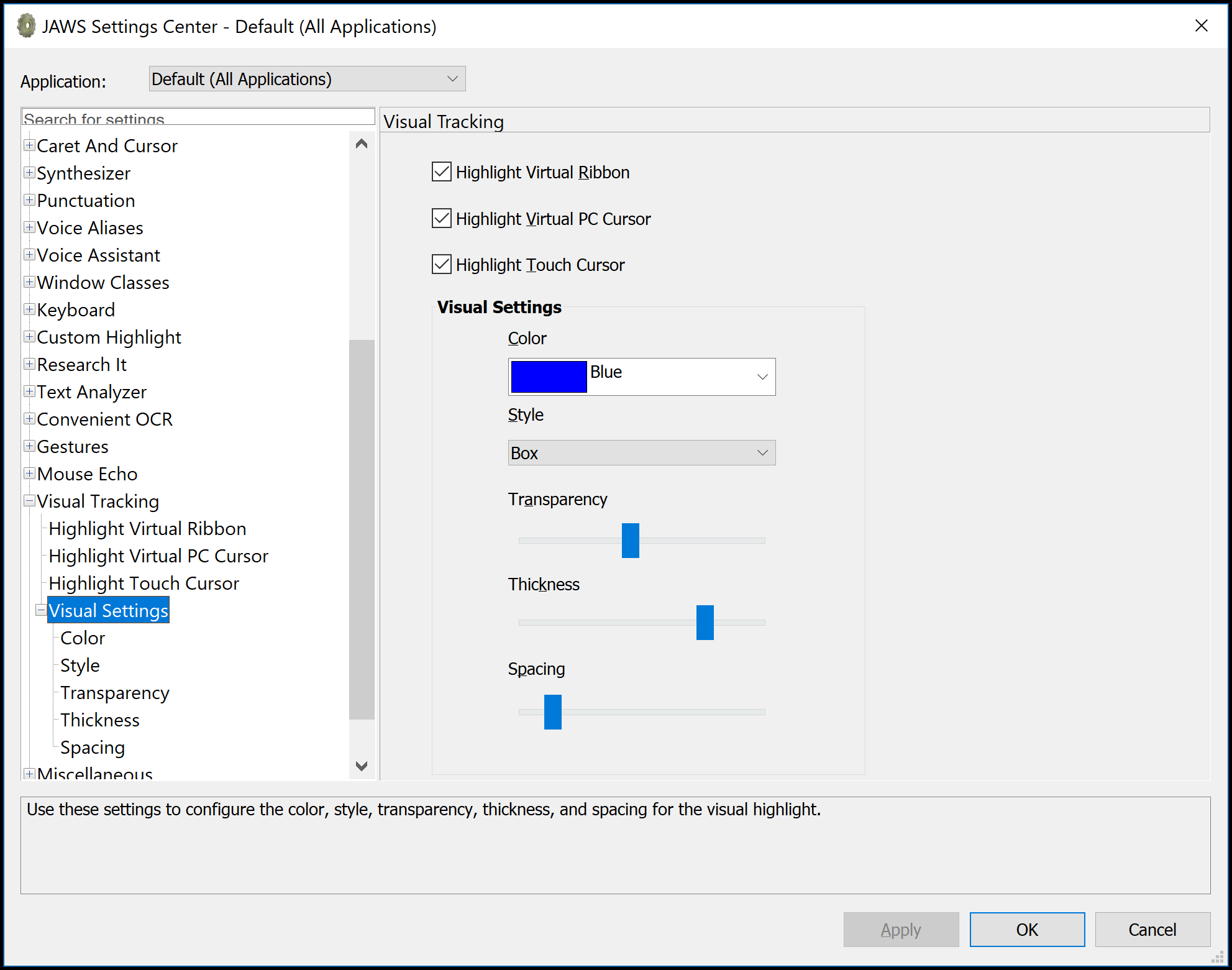 JAWS Settings Center showing Visual Settings for JAWS.