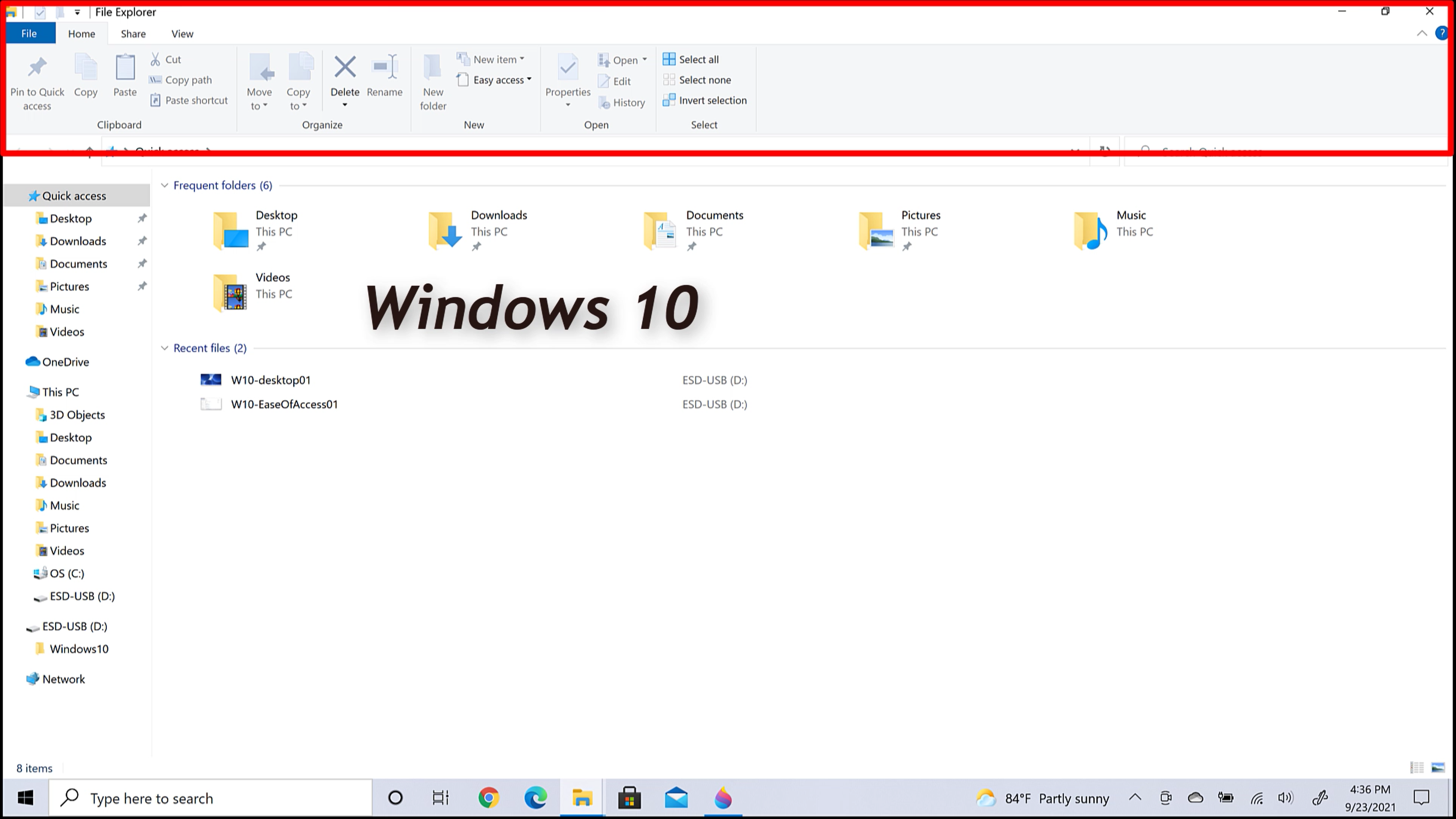 Windows 10 File Explorer showing the ribbon menu at the top of the screen.