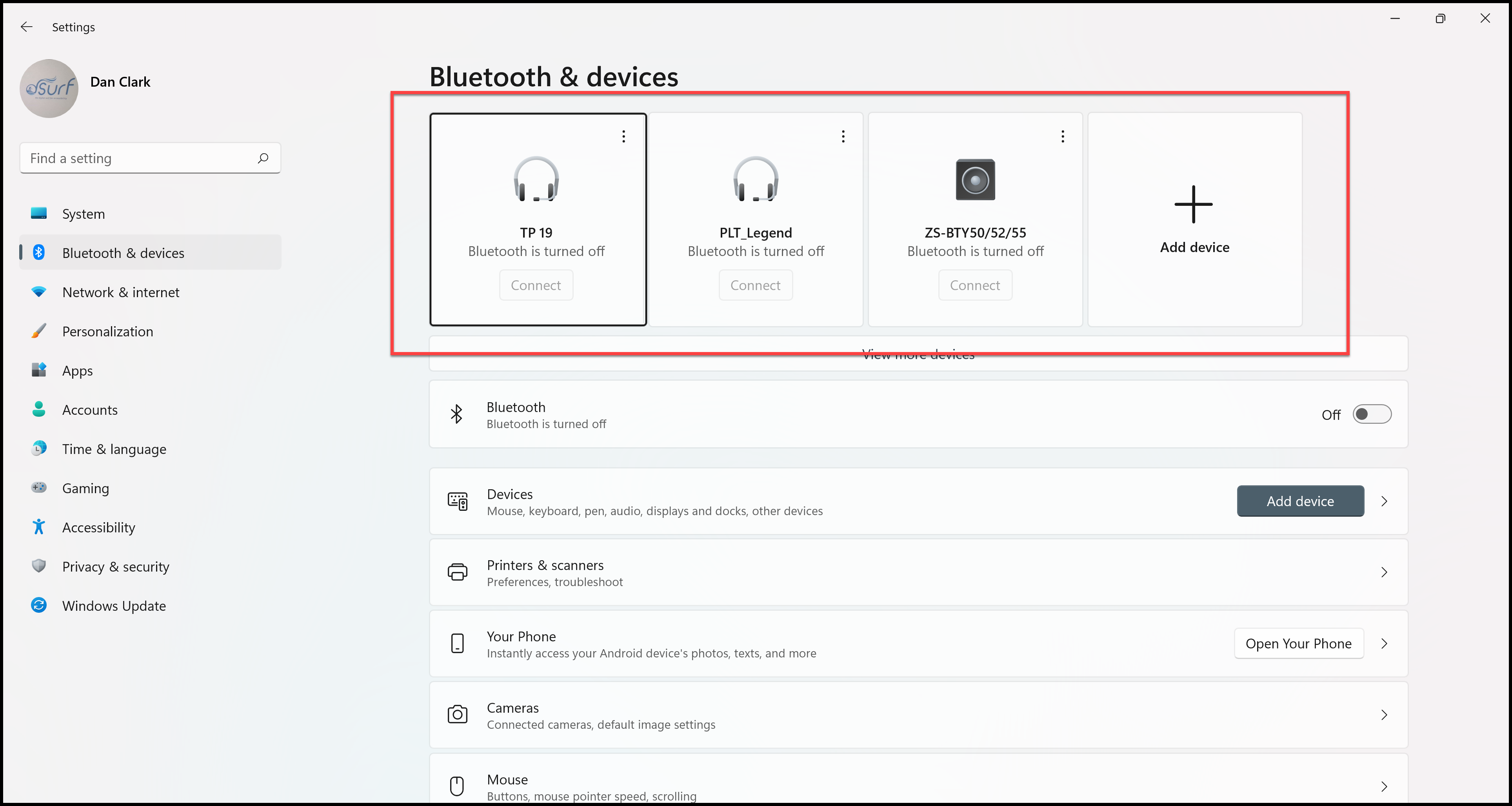 A horizontal list showing recently paired Bluetooth devices for this PC in the Windows 11 Settings app.