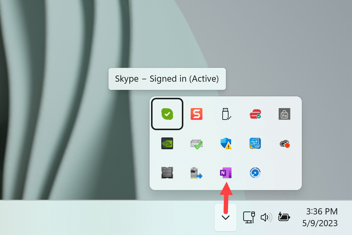 Windows 11 showing the Show Hidden Icons area with several icons inside.