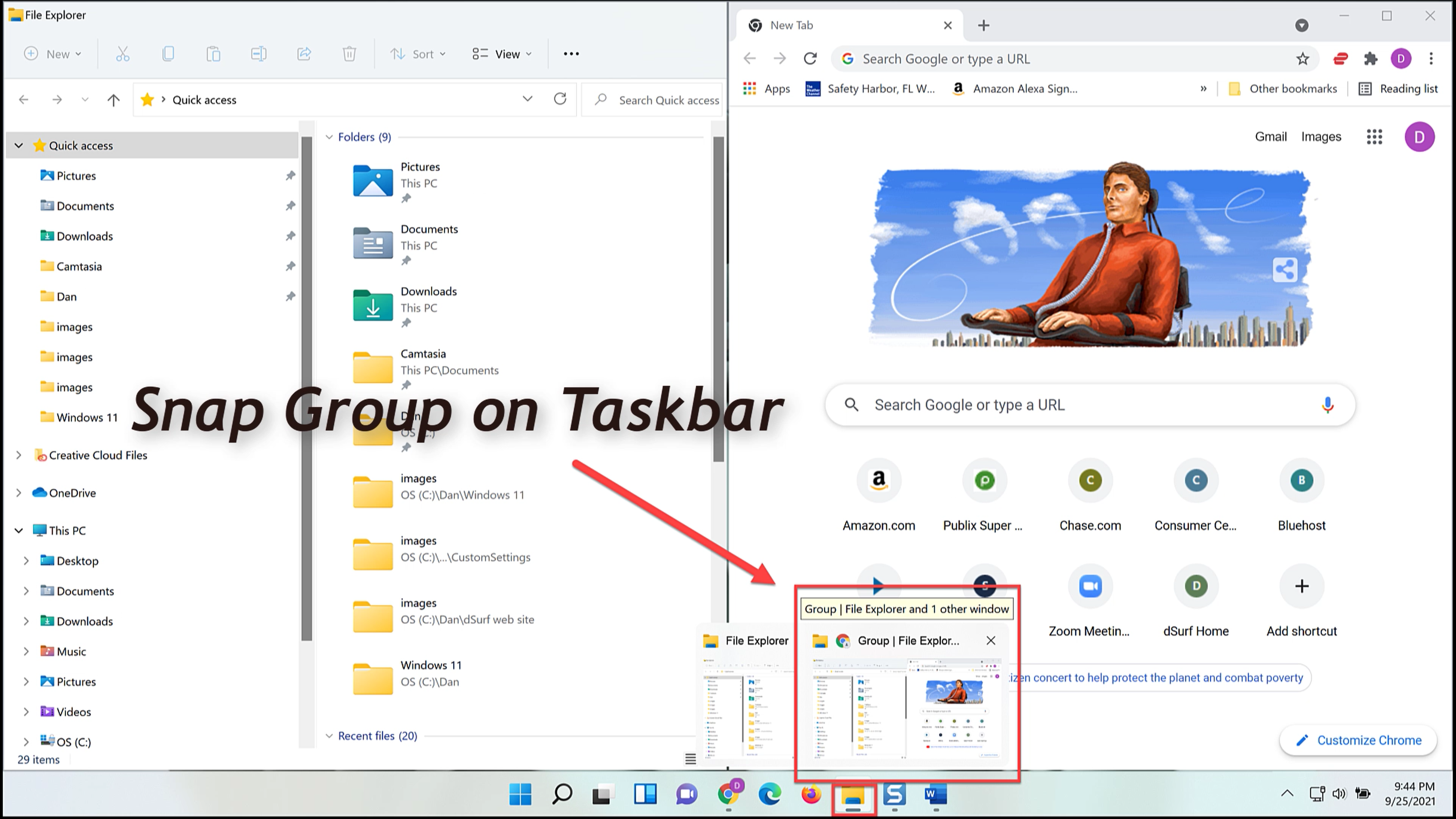 A Snap Group shown by hovering the mouse pointer over the Taskbar.