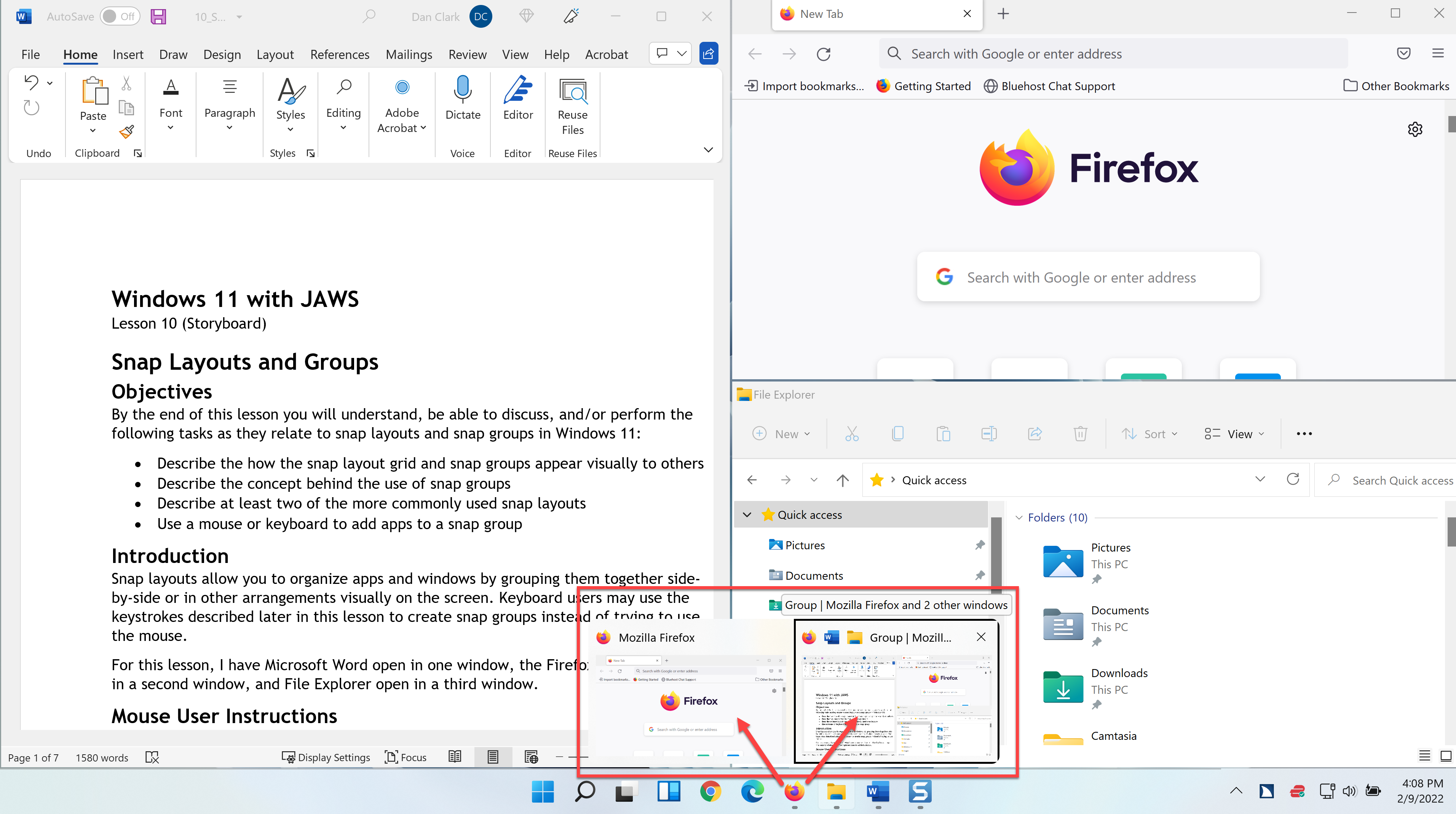 A task switcher list thumbnail view for the current group appears after hovering the mouse over the icons in the center of the Taskbar at the bottom of the screen. It is labeled 'Group | Mozilla Firefox and 2 other windows.'