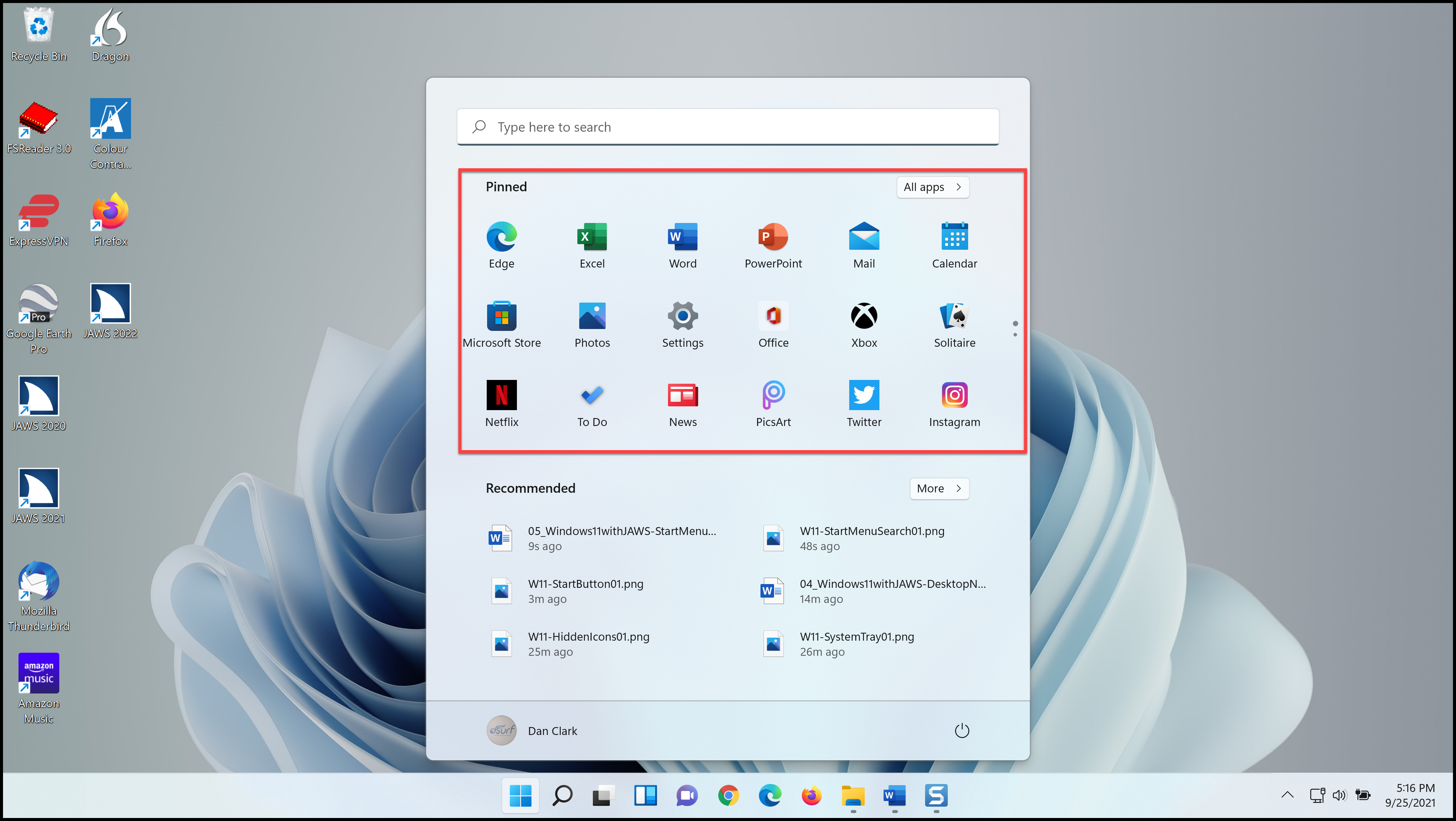 The Pinned apps section of the Start menu in Windows 11.