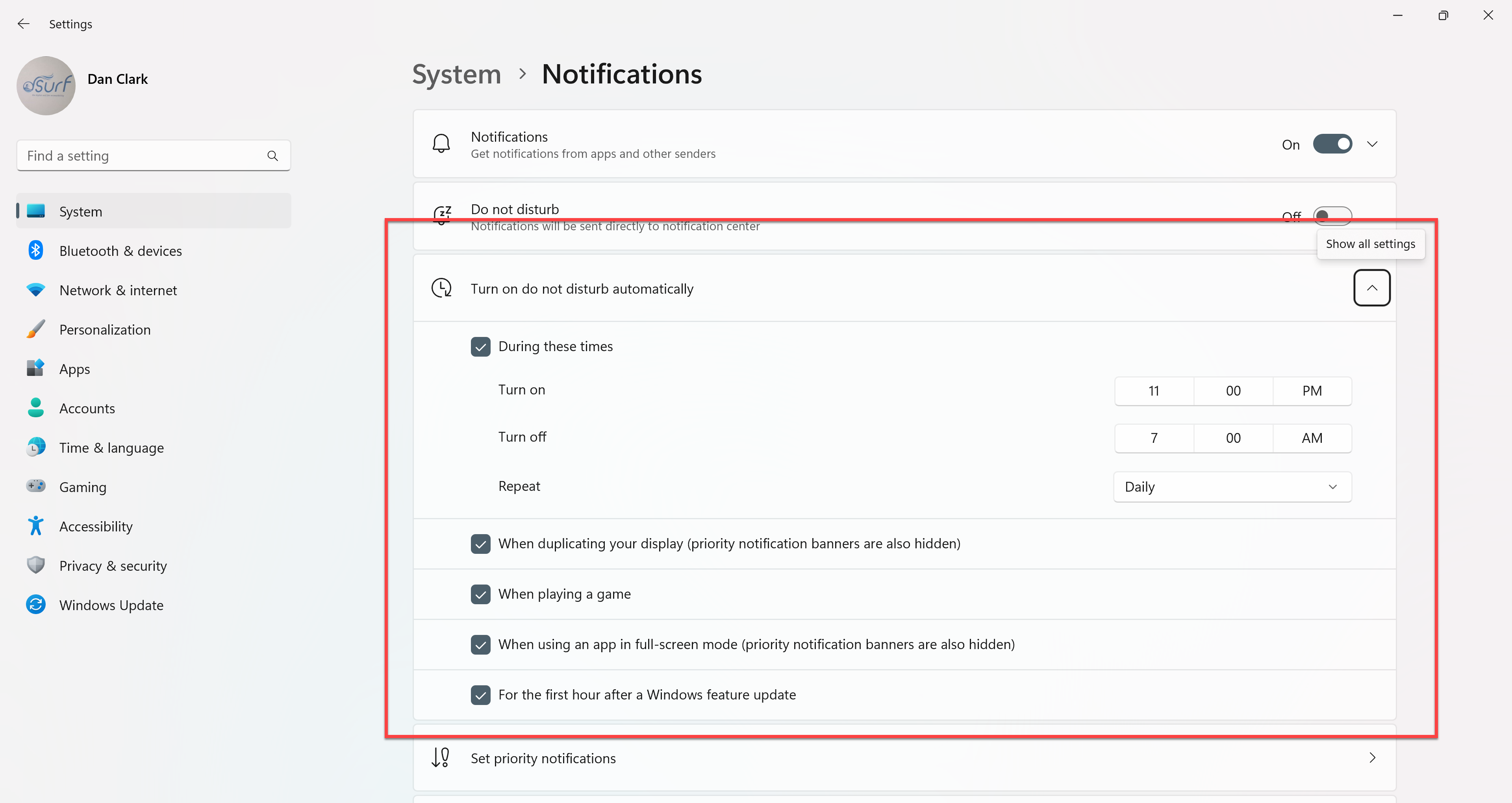 The Show All Settings button, expanded, for 'Turn on do not disturb automatically' in the Notifications area of the Windows 11 Settings app.