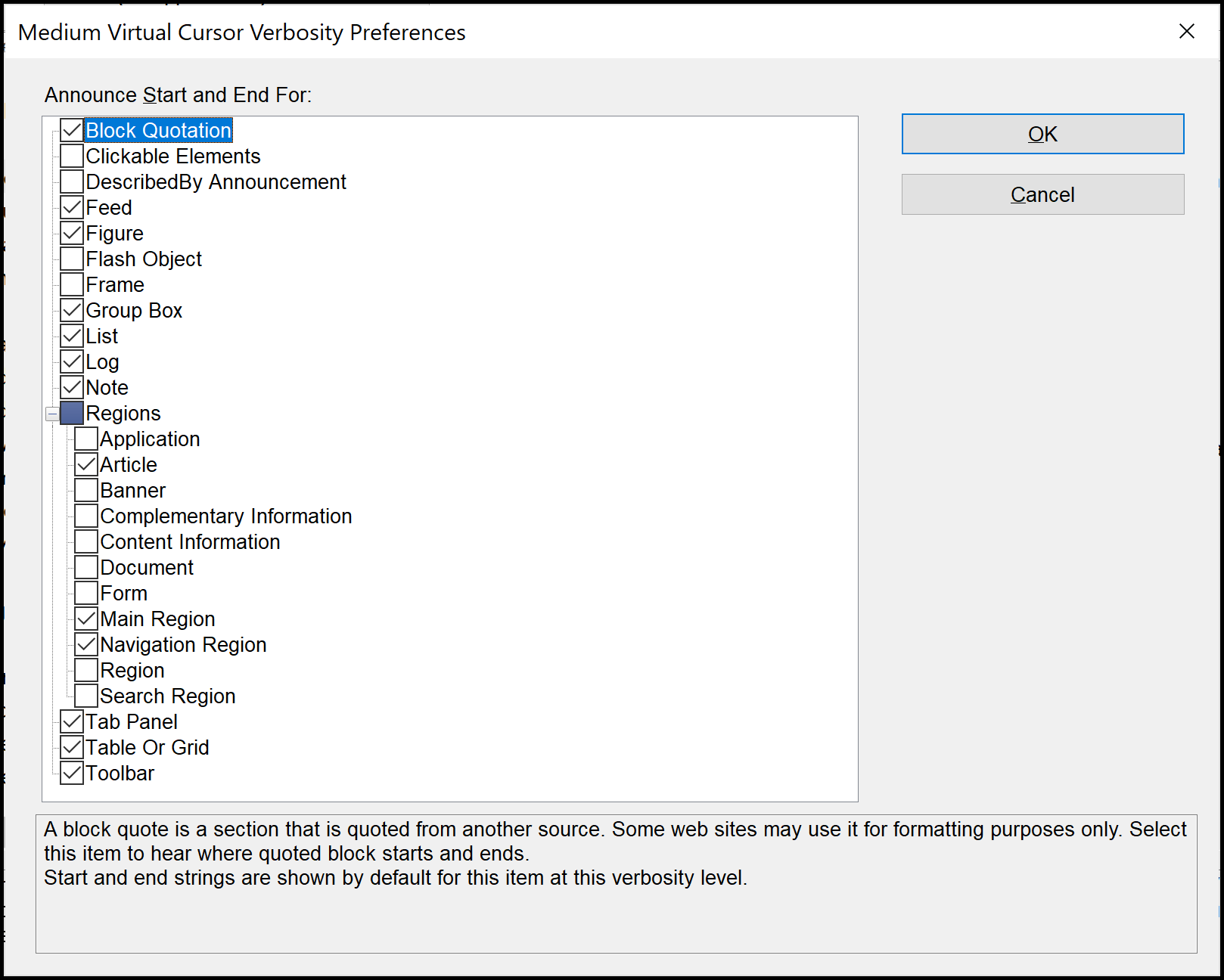 JAWS Settings Center showing medium virtual cursor verbosity preferences.