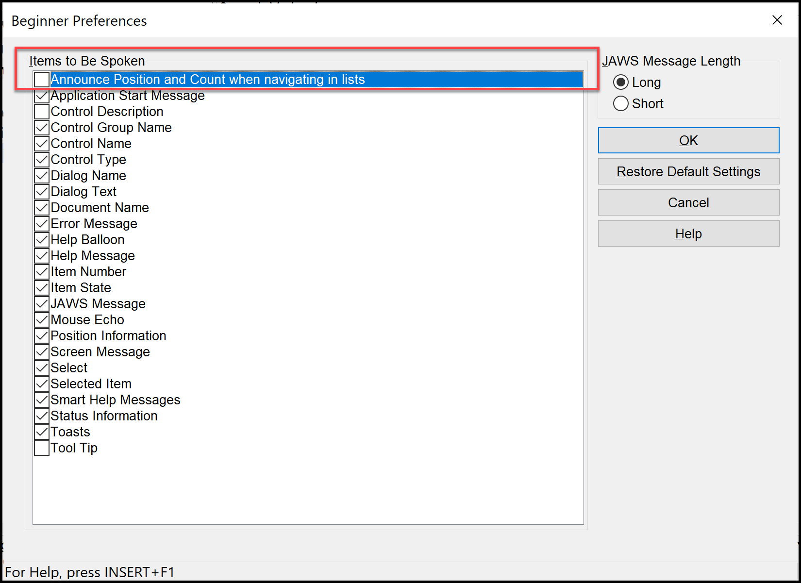 JAWS Settings Center showing Announce Position and Count.