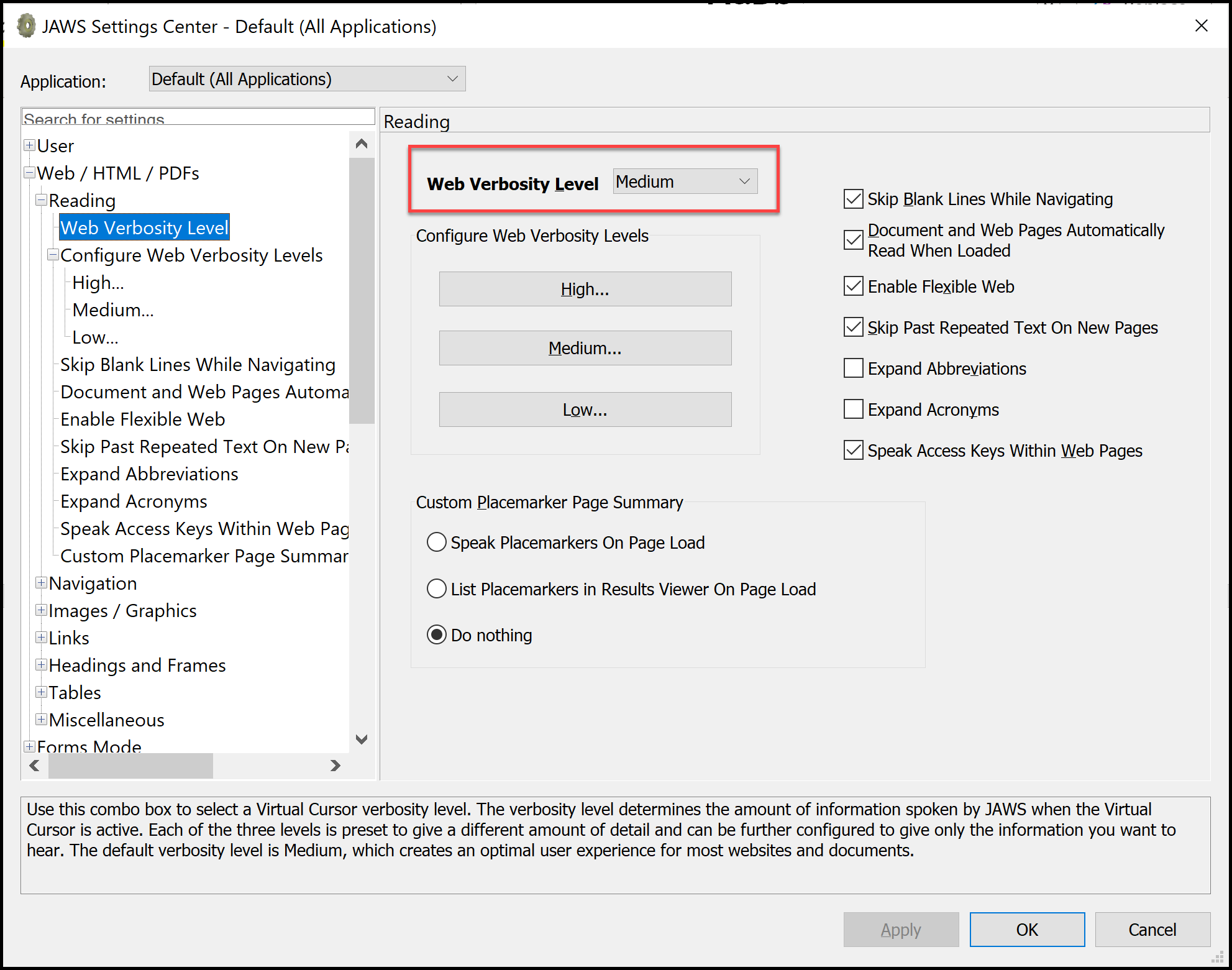 JAWS Settings Center showing Web Verbosity Level set to medium.